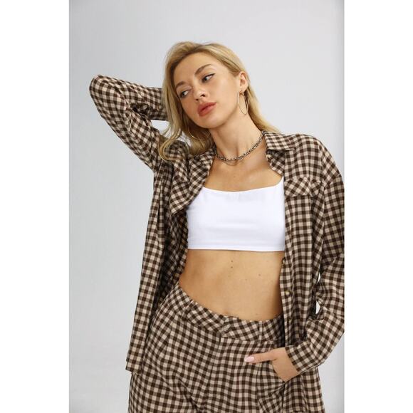 Cider Brown Check Home Button Up Long Sleeve Top SZ S NWT - Picture 1 of 10